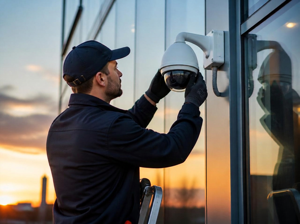 Professional installer mounting an IP CCTV camera on a modern building exterior at dusk