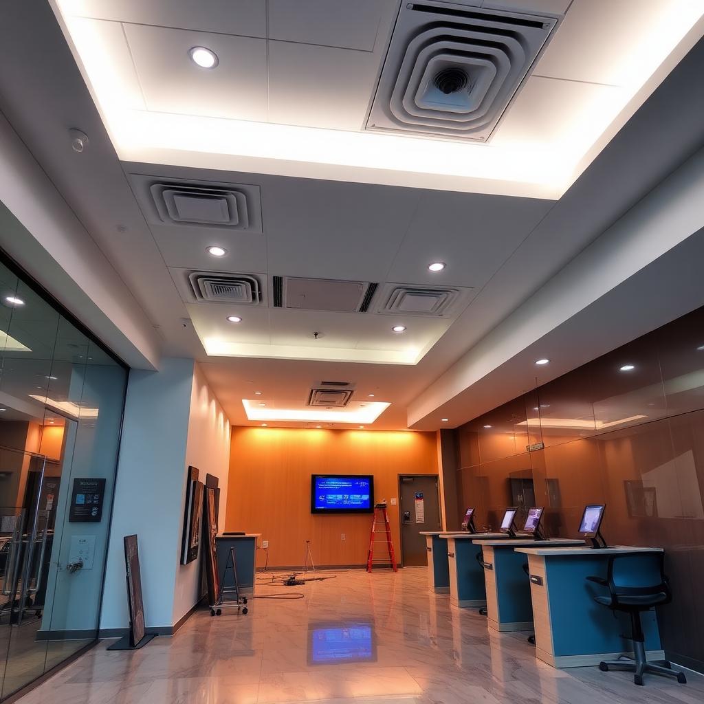 Modern bank branch interior under renovation with fresh finishes, false ceiling, and cash counters