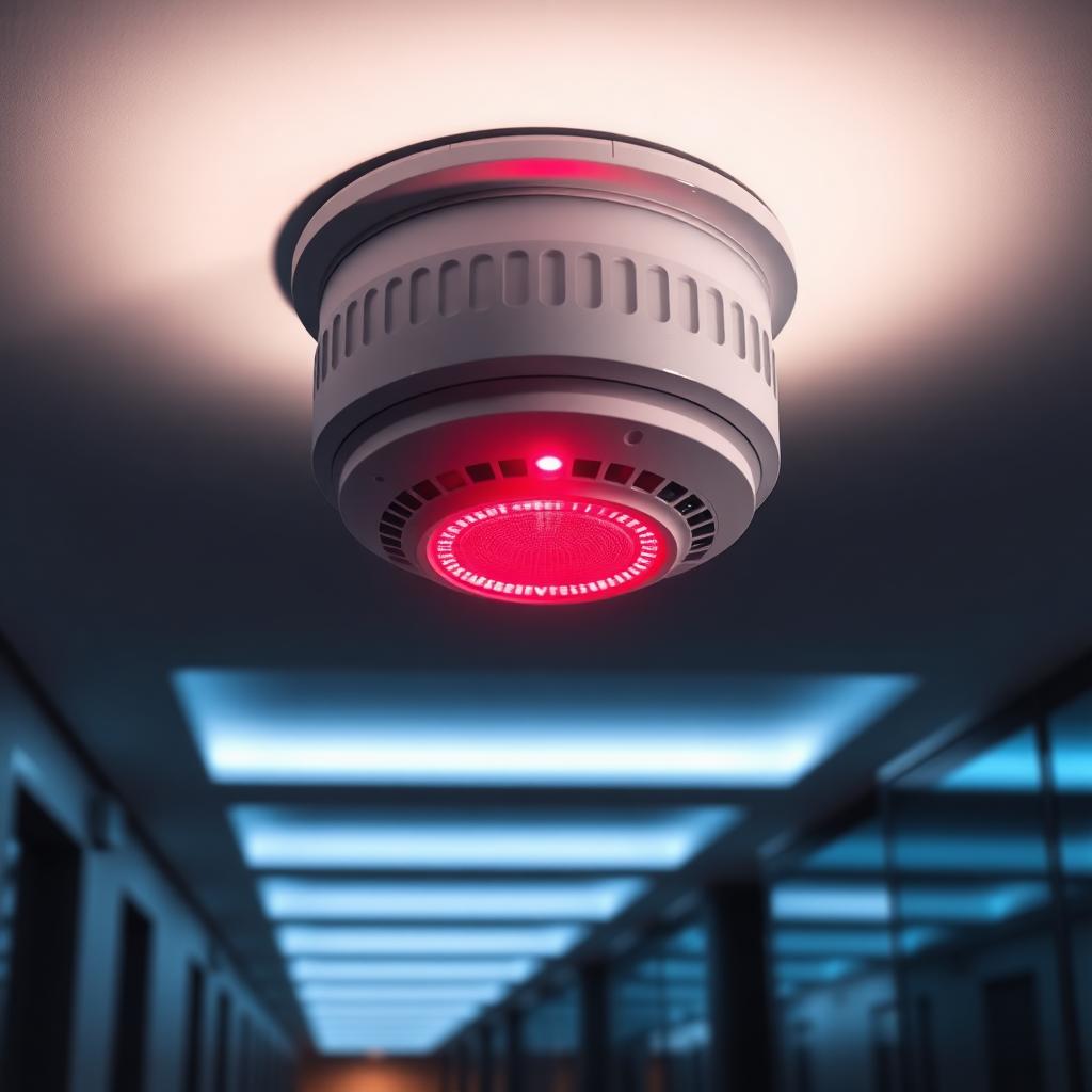 Ceiling-mounted commercial smoke detector with red LED indicator in a corporate corridor