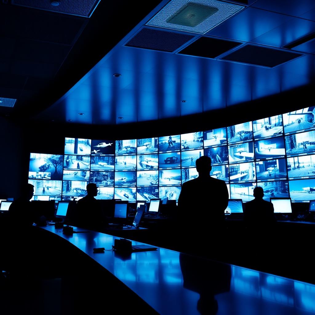 Security operations center with a wall of CCTV monitors and operators in silhouette