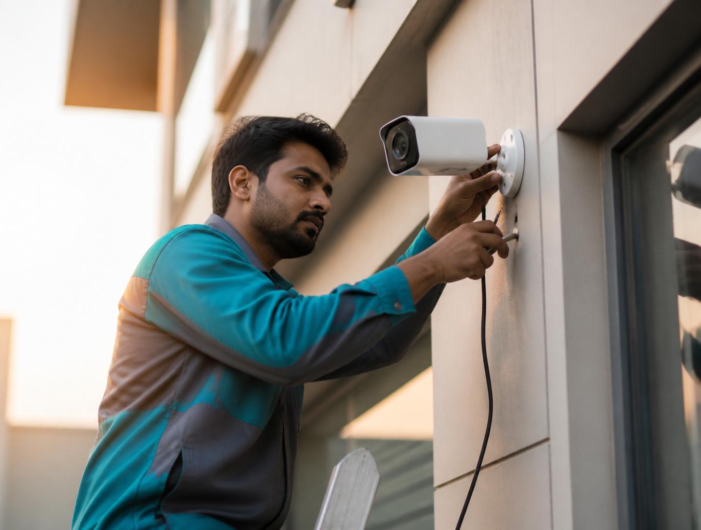 EverWatch technician installing a CCTV camera on a commercial building